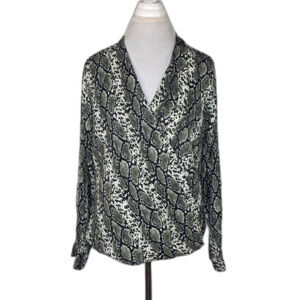 Pleione Black, White & Gray Snakeskin Print Choffon Wrap Front Blouse Size Large